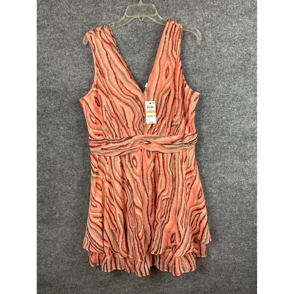 Bar III‎ Mini Dress Women 14 Coral New Abstract Woodcut V-Neck Sleeveless Tiered